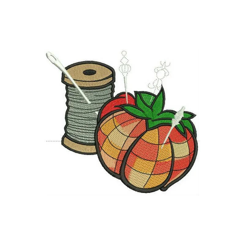 Preview of a tomato needle bed with threads embroidery design, showcasing vibrant colors and intricate stitching patterns.