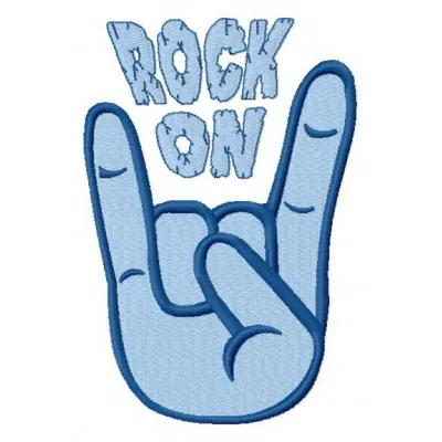 Rock on 2 embroidery design featuring musical elements, perfect for stitching on t-shirts or tote bags.