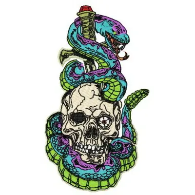 Intricate skull, sword, and snake embroidery design showcasing a bold stitched motif for creative projects.