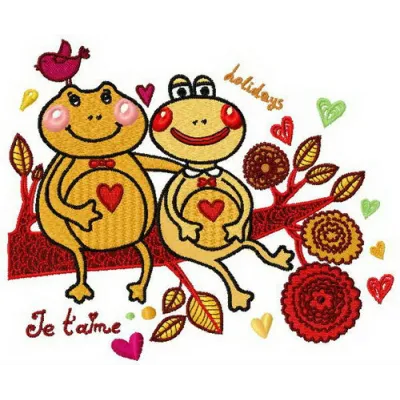 Frog's love embroidery design featuring a cute frog motif, perfect for stitching on t-shirts and baby onesies.