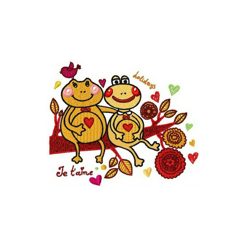 Frog's love embroidery design featuring a cute frog motif, perfect for stitching on t-shirts and baby onesies.
