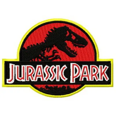 Embroidery design featuring the iconic Jurassic Park logo, ideal for movie-themed projects and creative stitching.