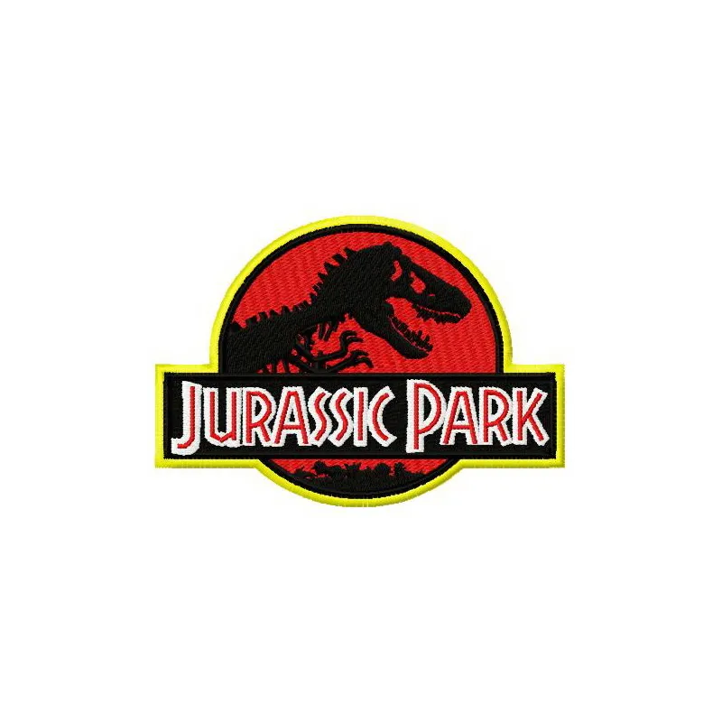 Embroidery design featuring the iconic Jurassic Park logo, ideal for movie-themed projects and creative stitching.