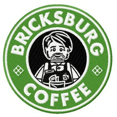 Bricksburg coffee embroidery design featuring a fun Lego-inspired motif, ideal for stitching on tote bags or hoodies.