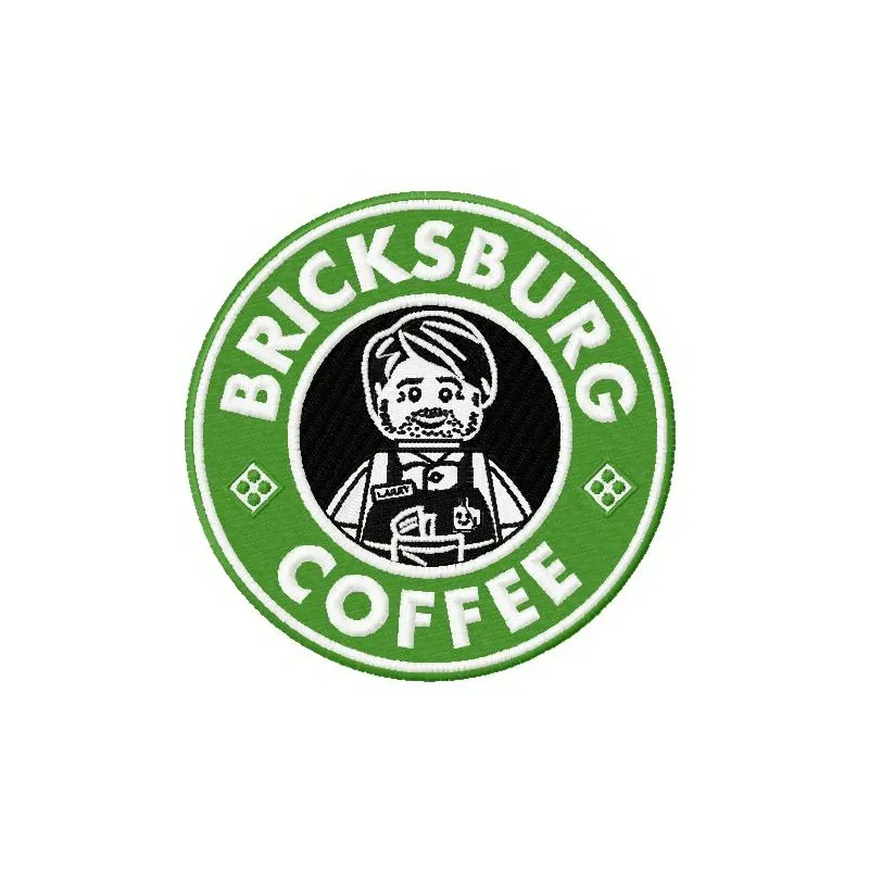Bricksburg coffee embroidery design featuring a fun Lego-inspired motif, ideal for stitching on tote bags or hoodies.