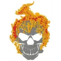Skull in flame embroidery design showcasing tribal symbols, ideal for t-shirts and caps.
