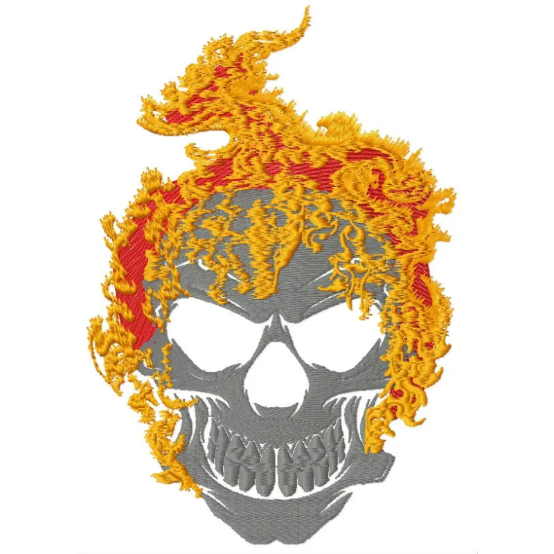 Skull in flame embroidery design showcasing tribal symbols, ideal for t-shirts and caps.
