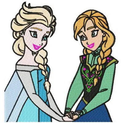Anna and Elsa embroidery design showcasing beloved characters from Frozen, perfect for children's apparel and accessories.