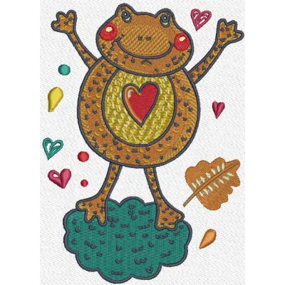 Frog in love embroidery design featuring two frogs surrounded by hearts, perfect for whimsical projects.