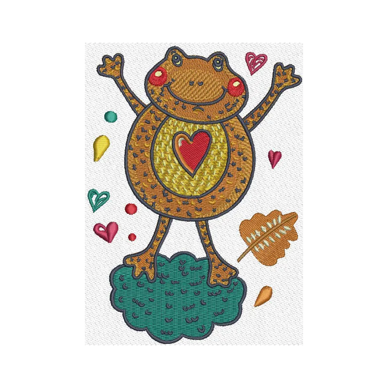 Frog in love embroidery design featuring two frogs surrounded by hearts, perfect for whimsical projects.