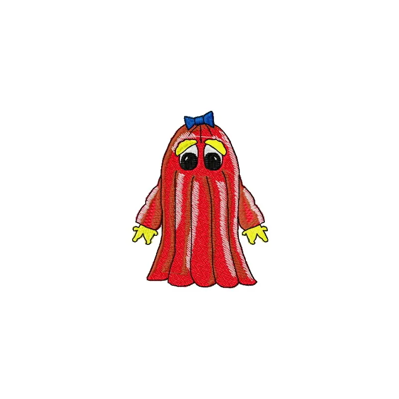 Sad dress-monster embroidery design featuring a whimsical monster with a dress, perfect for children's apparel.