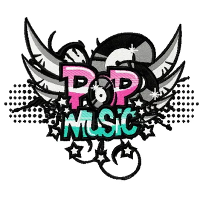 Preview of a vibrant pop music embroidery design featuring musical notes and instruments, ideal for creative projects.