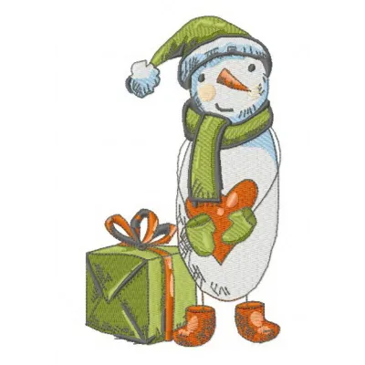 Sad snowman embroidery design featuring a whimsical, frowning snowman with a carrot nose and scarf.