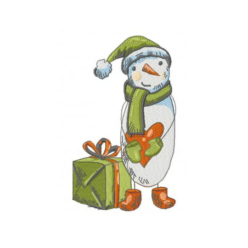 Sad snowman embroidery design featuring a whimsical, frowning snowman with a carrot nose and scarf.