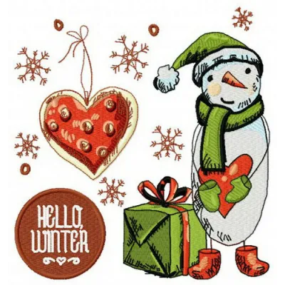 Preview of Hello Winter 2 embroidery design featuring cheerful snowmen, perfect for winter-themed projects.