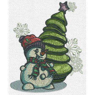 Snowman near fir tree embroidery design - Embroidery Design