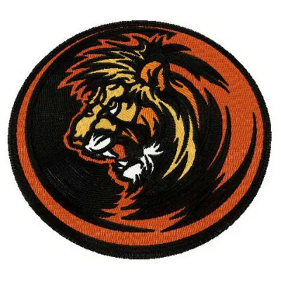 Lion badge embroidery design preview showcasing intricate stitching patterns for apparel and accessories.
