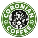 Coronian coffee embroidery design featuring Tangled's Rapunzel and Flynn Rider, perfect for stitching on bags or apparel.