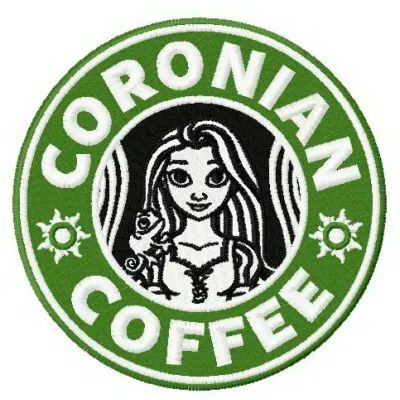 Coronian coffee embroidery design featuring Tangled's Rapunzel and Flynn Rider, perfect for stitching on bags or apparel.