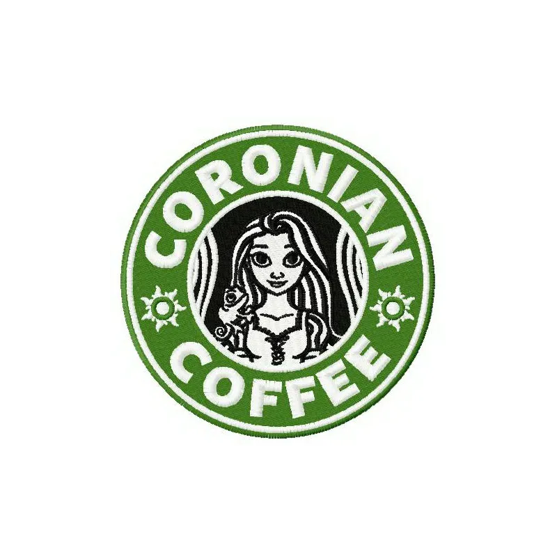 Coronian coffee embroidery design featuring Tangled's Rapunzel and Flynn Rider, perfect for stitching on bags or apparel.