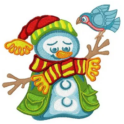 Happy snowman embroidery design featuring a cheerful snowman with a carrot nose, ideal for winter projects.