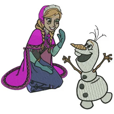 Anna and Olaf embroidery design featuring beloved characters from Frozen, perfect for various stitching projects.