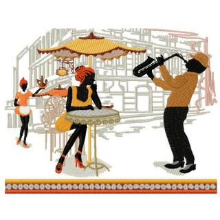 Saxophone music in french cafe embroidery design - Embroidery Design