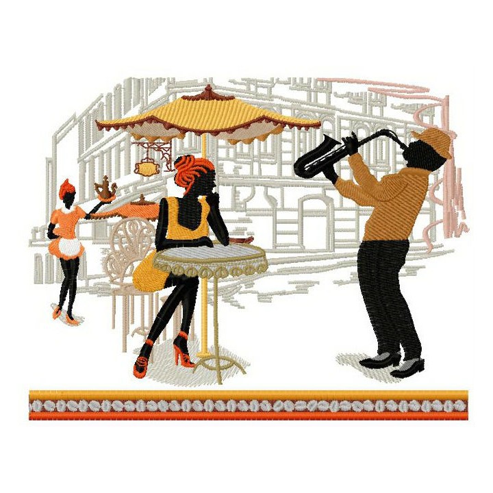 Saxophone music in french cafe embroidery design - Embroidery Design