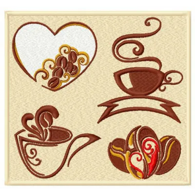Preview of a coffee set embroidery design featuring mugs and coffee beans, perfect for home decor projects.