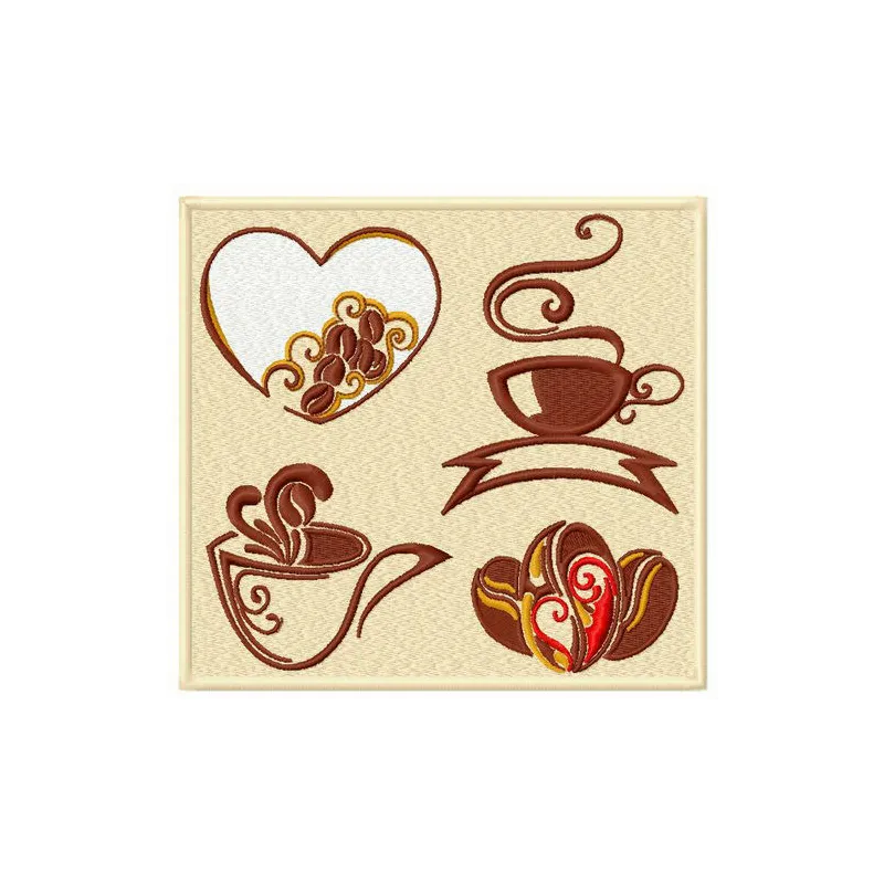 Preview of a coffee set embroidery design featuring mugs and coffee beans, perfect for home decor projects.