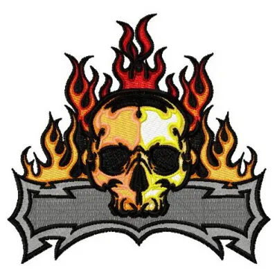 Scary skull embroidery design featuring intricate details, ideal for adding a spooky touch to t-shirts or hoodies.