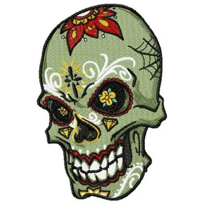 Tattooed skull embroidery design featuring intricate details, ideal for embellishing denim jackets and t-shirts.