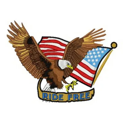 Ride free embroidery design featuring a patriotic theme, perfect for embellishing t-shirts and tote bags.