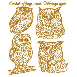 Birds of prey - owls. Vintage style 2 embroidery design - Embroidery Design