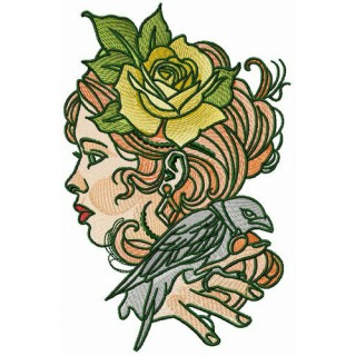 Lady with raven embroidery design - Embroidery Design