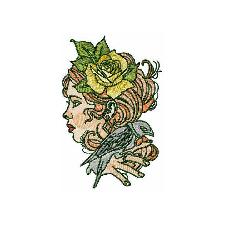 Lady with raven embroidery design - Embroidery Design