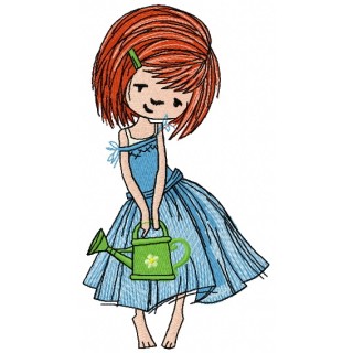Girl with watering can 4 embroidery design - Embroidery Design