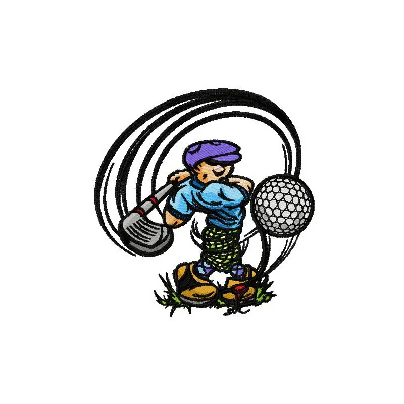 Embroidery design featuring a golfer in action, perfect for stitching on caps and t-shirts.