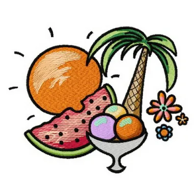 Paradise 2 embroidery design featuring vibrant summer motifs, ideal for embellishing t-shirts and tote bags.