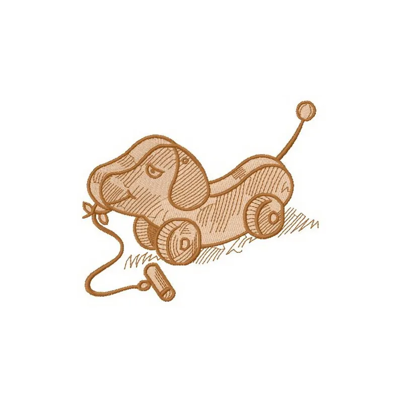 Wooden dog toy embroidery design showcasing a charming stitched motif for crafting unique pet accessories.