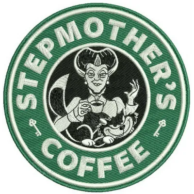 Preview of the Stepmother's coffee embroidery design from the Sleeping Beauty collection, showcasing intricate stitching pat…