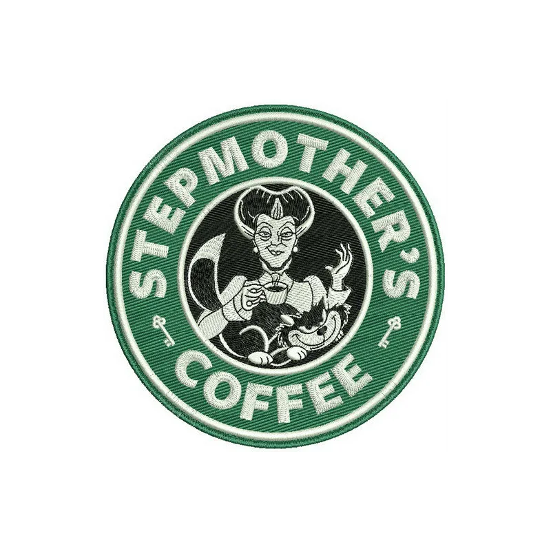 Preview of the Stepmother's coffee embroidery design from the Sleeping Beauty collection, showcasing intricate stitching pat…