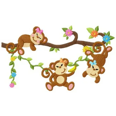 Monkey's picnic embroidery design featuring playful monkeys and vibrant elements, perfect for creative stitching projects.
