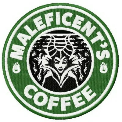 Maleficent's coffee embroidery design featuring whimsical motifs inspired by Sleeping Beauty, ideal for embellishing tote ba…