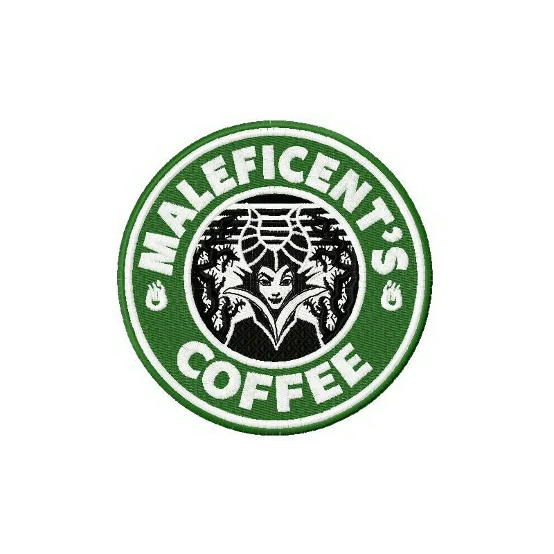 Maleficent's coffee embroidery design featuring whimsical motifs inspired by Sleeping Beauty, ideal for embellishing tote ba…