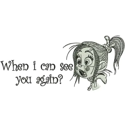 Preview of the 'When I Can See You Again?' embroidery design inspired by Wreck-It Ralph, showcasing stitched motifs.