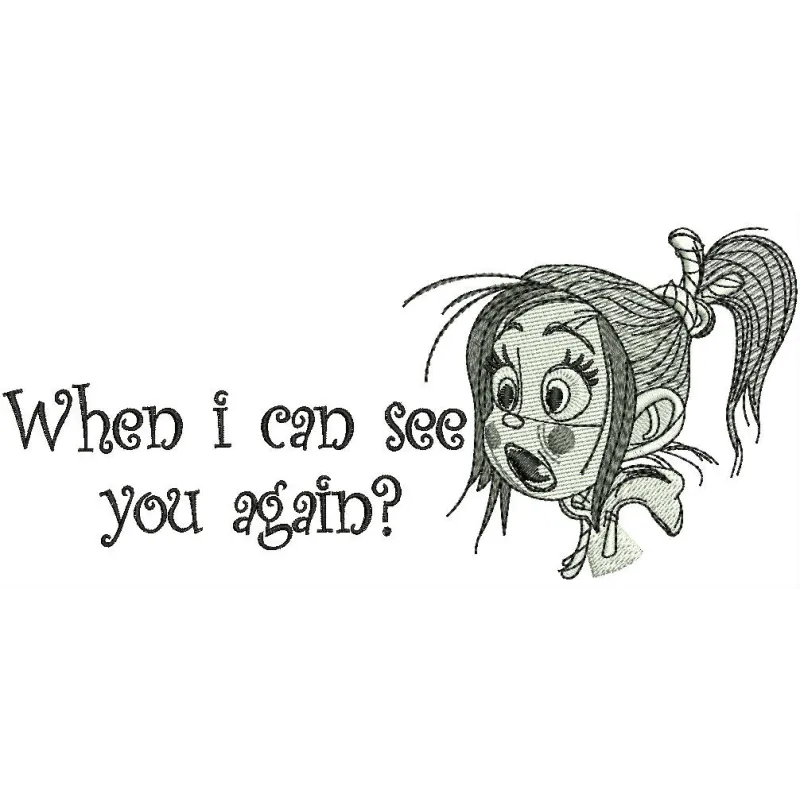 Preview of the 'When I Can See You Again?' embroidery design inspired by Wreck-It Ralph, showcasing stitched motifs.