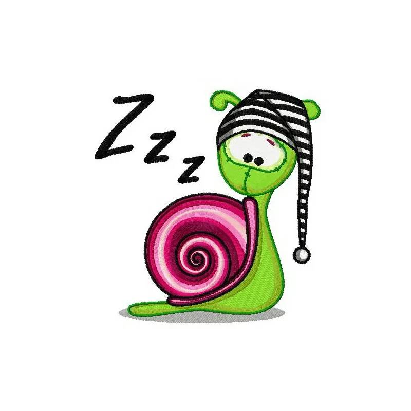 Snail in striped hat embroidery design showcasing a whimsical reptile motif for creative stitching projects.