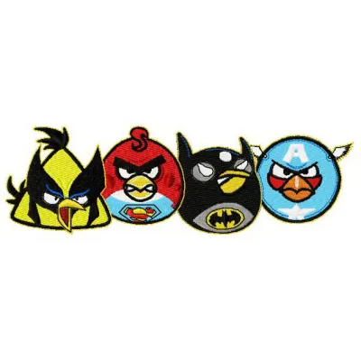 Preview of Superheroes Angry Birds embroidery design featuring vibrant characters ready for stitching.
