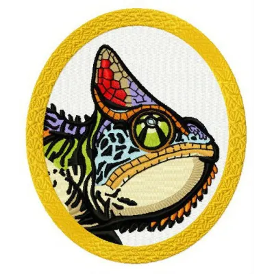 Chameleon 3 embroidery design showcasing a vibrant reptile motif for stitching on apparel and accessories.